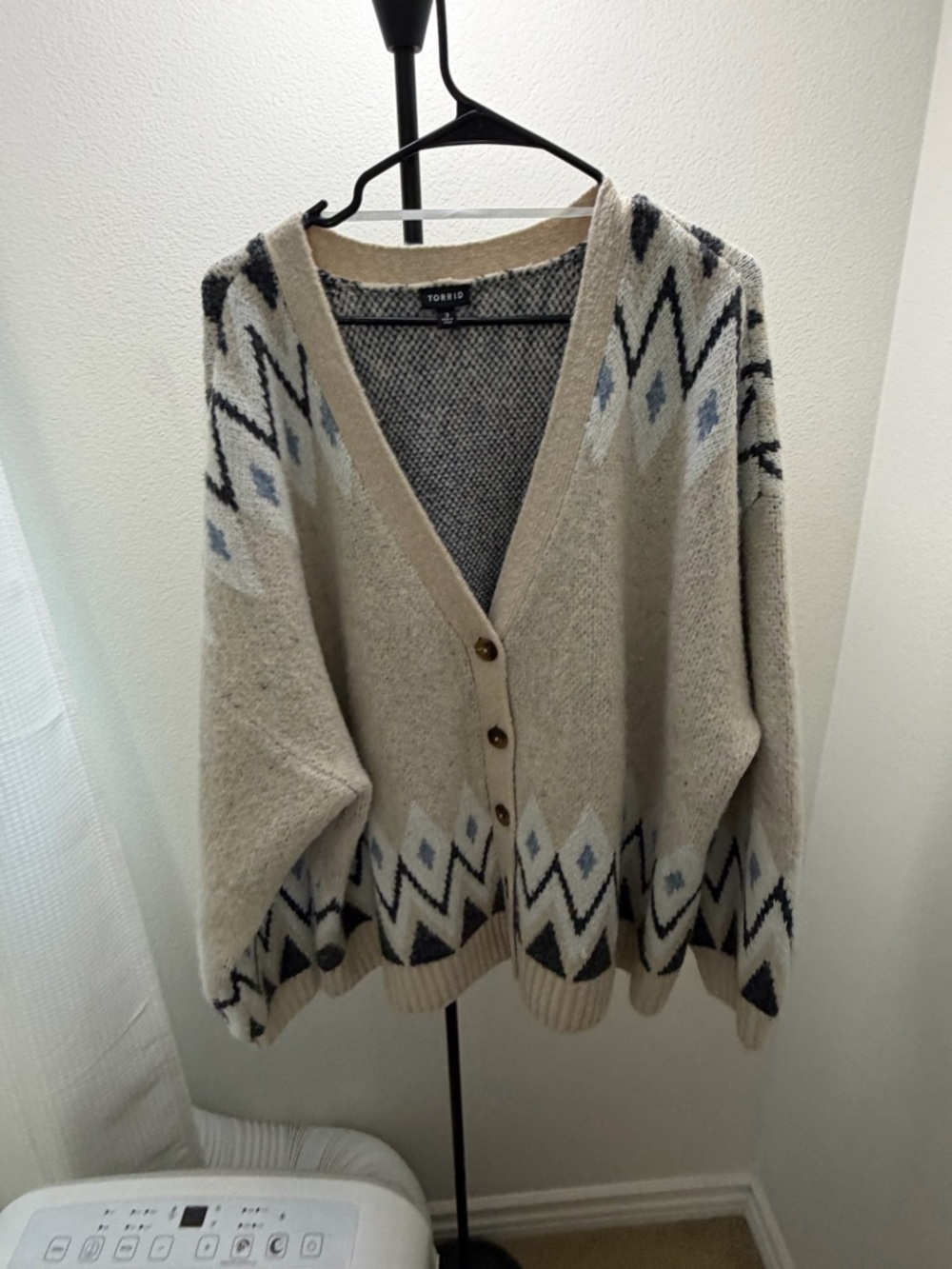 Torrid Cream Vegan Cashmere Cardigan with Navy and Light Blue Geometric Trim